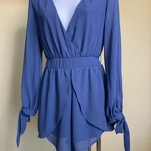 Slate blue romper with love sheer sleeves